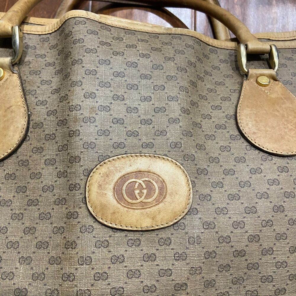 Gucci Authentic Vintage 80s GG Monogram Tan Brown Leather Tote Bag w/ Coin Pouch - Picture 4 of 12